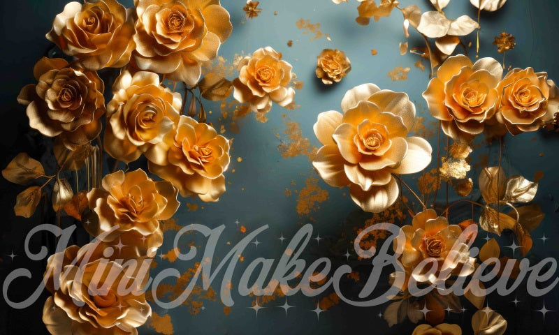 Kate Fleurs dorées Mur Bleu Beaux-Arts Toile de fond conçue par Mini MakeBelieve - Kate Backdrop FR