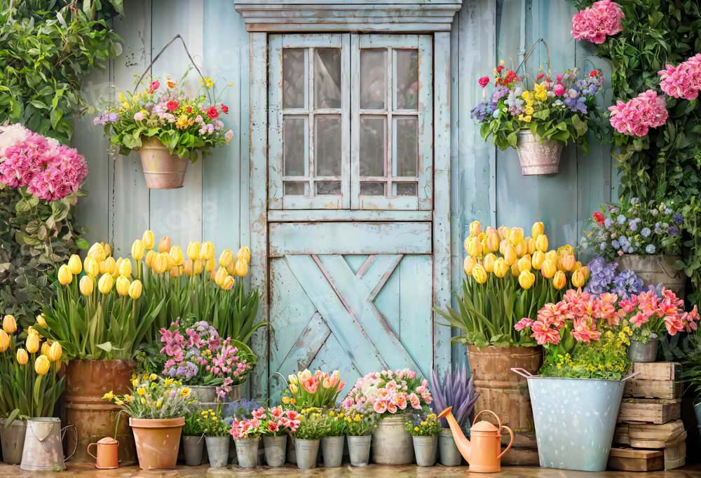 Kate Bleu Porte en bois Fleurs Plantes vertes Toile de fond conçue par Emetselch - Kate Backdrop FR