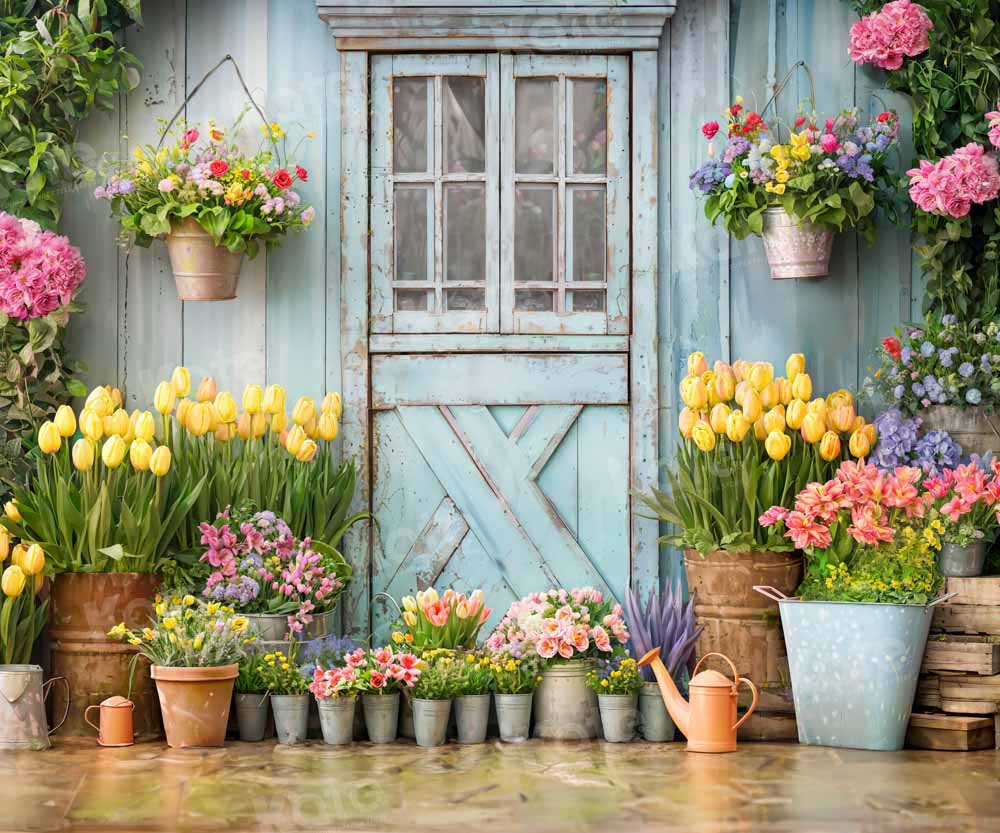 Kate Bleu Porte en bois Fleurs Plantes vertes Toile de fond conçue par Emetselch - Kate Backdrop FR