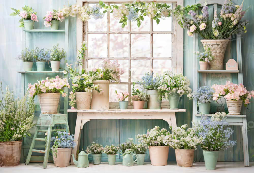 Kate Bleu Fleurs en pot Vert Fenêtre Toile de fond conçue par Emetselch - Kate Backdrop FR