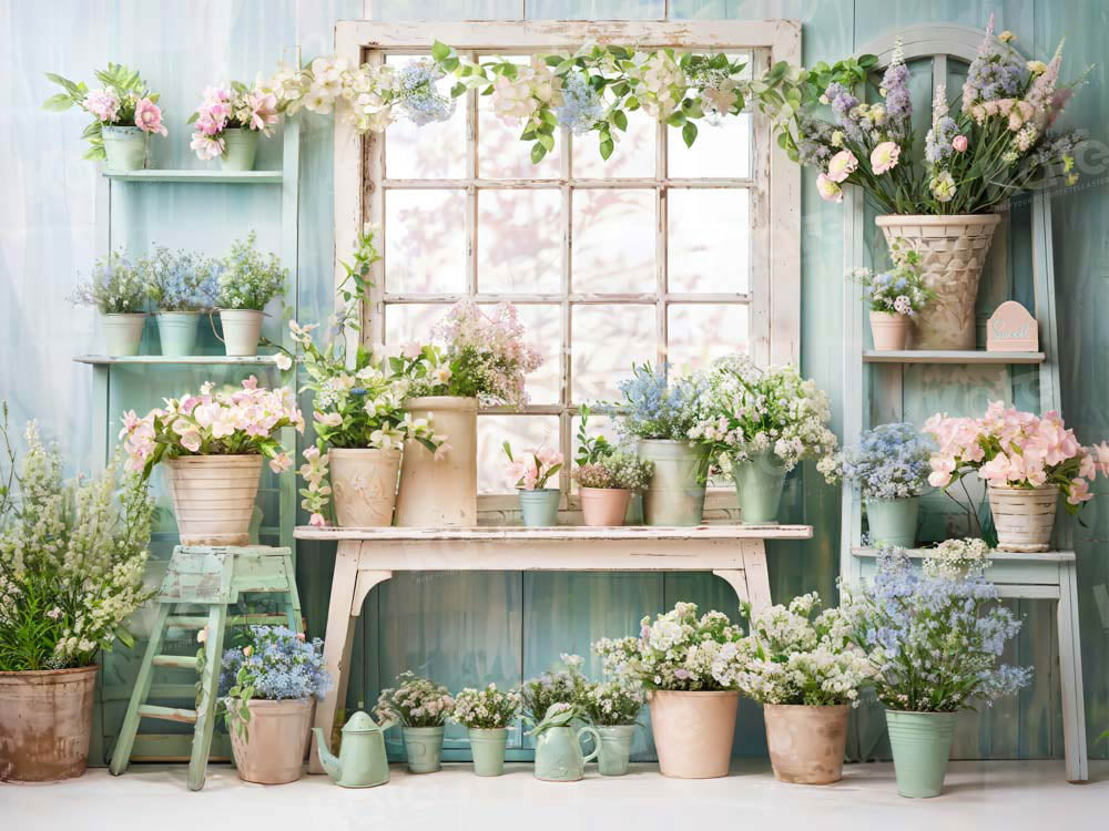 Kate Bleu Fleurs en pot Vert Fenêtre Toile de fond conçue par Emetselch - Kate Backdrop FR