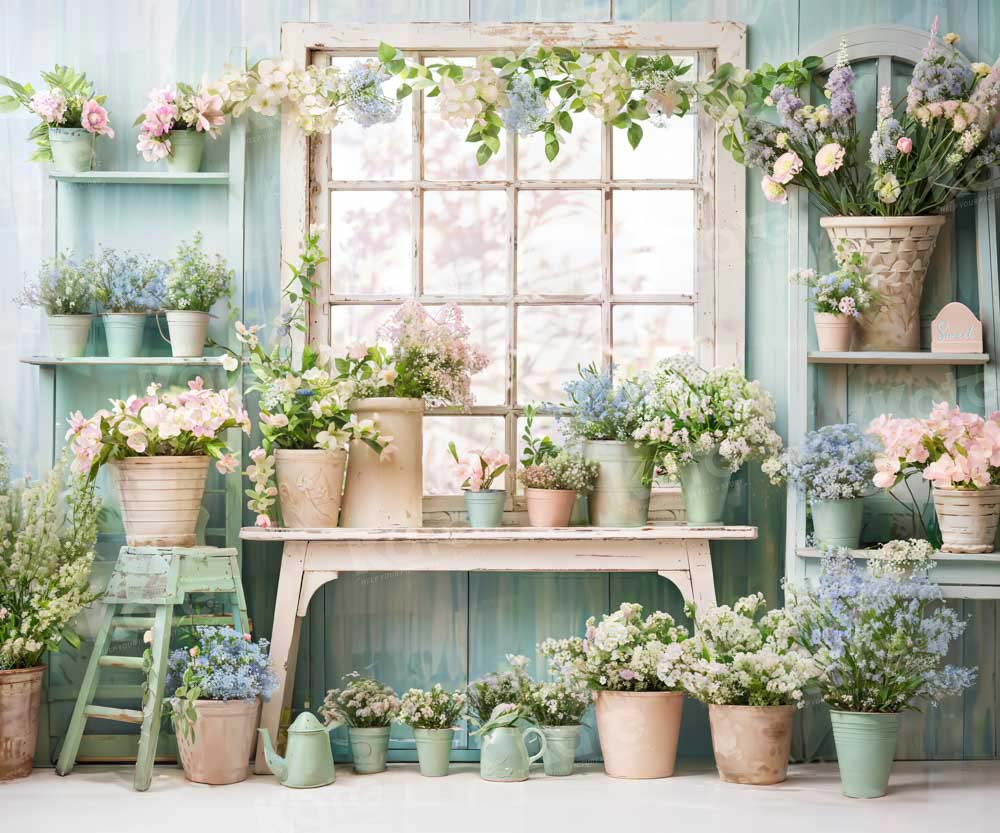 Kate Bleu Fleurs en pot Vert Fenêtre Toile de fond conçue par Emetselch - Kate Backdrop FR