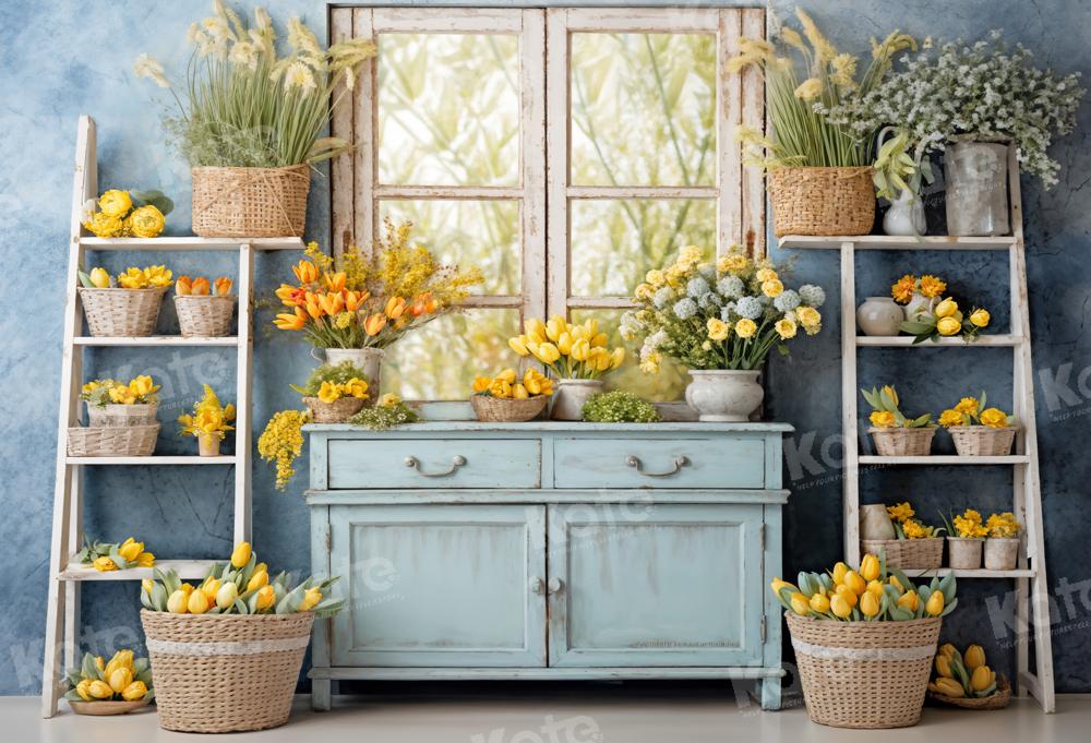 Kate Fleurs Jaune Fenêtre Bleu Chambre Toile de fond conçue par Emetselch