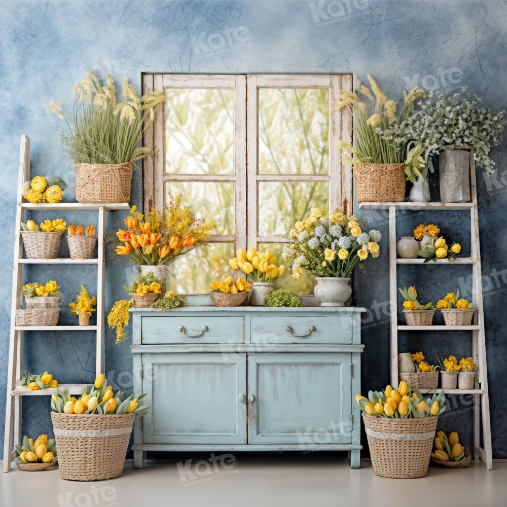Kate Fleurs Jaune Fenêtre Bleu Chambre Toile de fond conçue par Emetselch