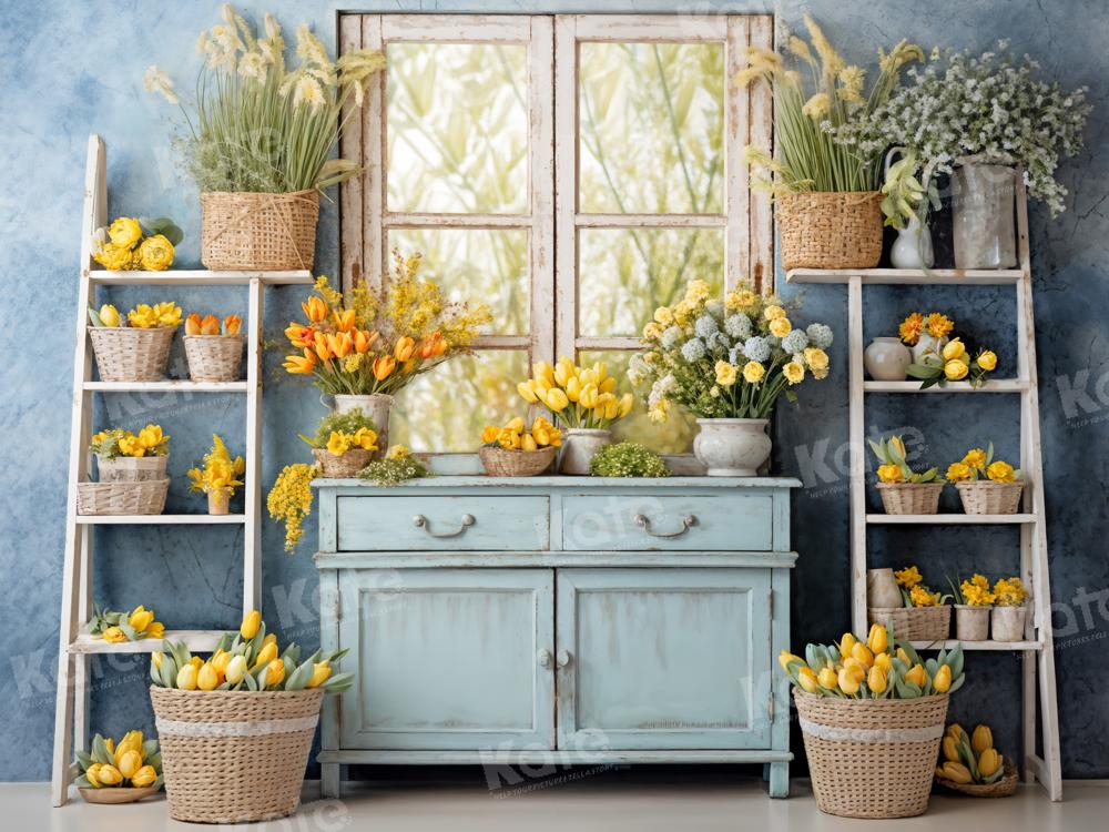 Kate Fleurs Jaune Fenêtre Bleu Chambre Toile de fond conçue par Emetselch