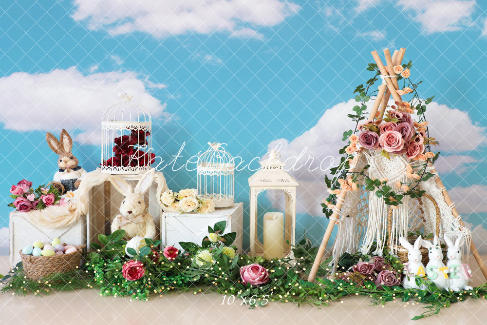 Kate Pâques Œufs Fleurs Lapin Ciel Nuages Toile de fond conçue par Emetselch - Kate Backdrop FR