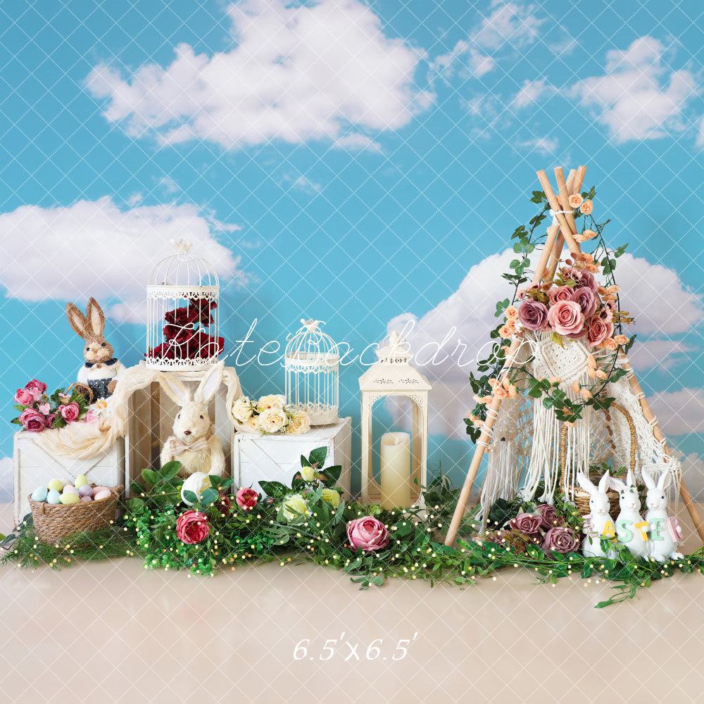 Kate Pâques Œufs Fleurs Lapin Ciel Nuages Toile de fond conçue par Emetselch - Kate Backdrop FR