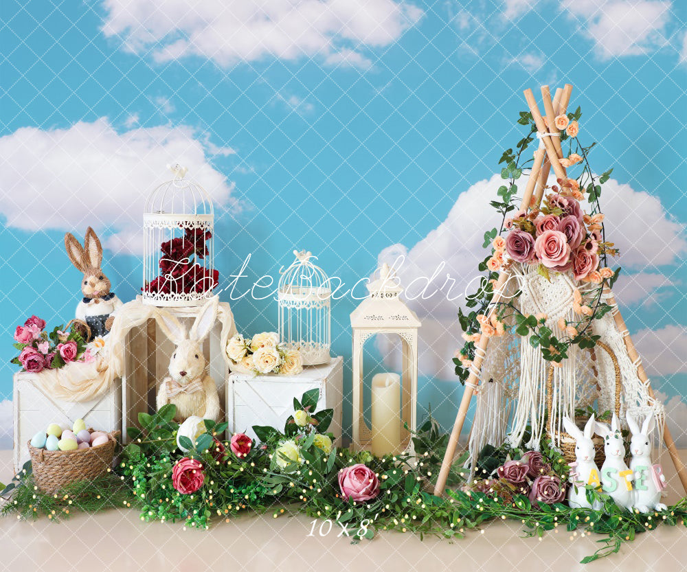 Kate Pâques Œufs Fleurs Lapin Ciel Nuages Toile de fond conçue par Emetselch - Kate Backdrop FR