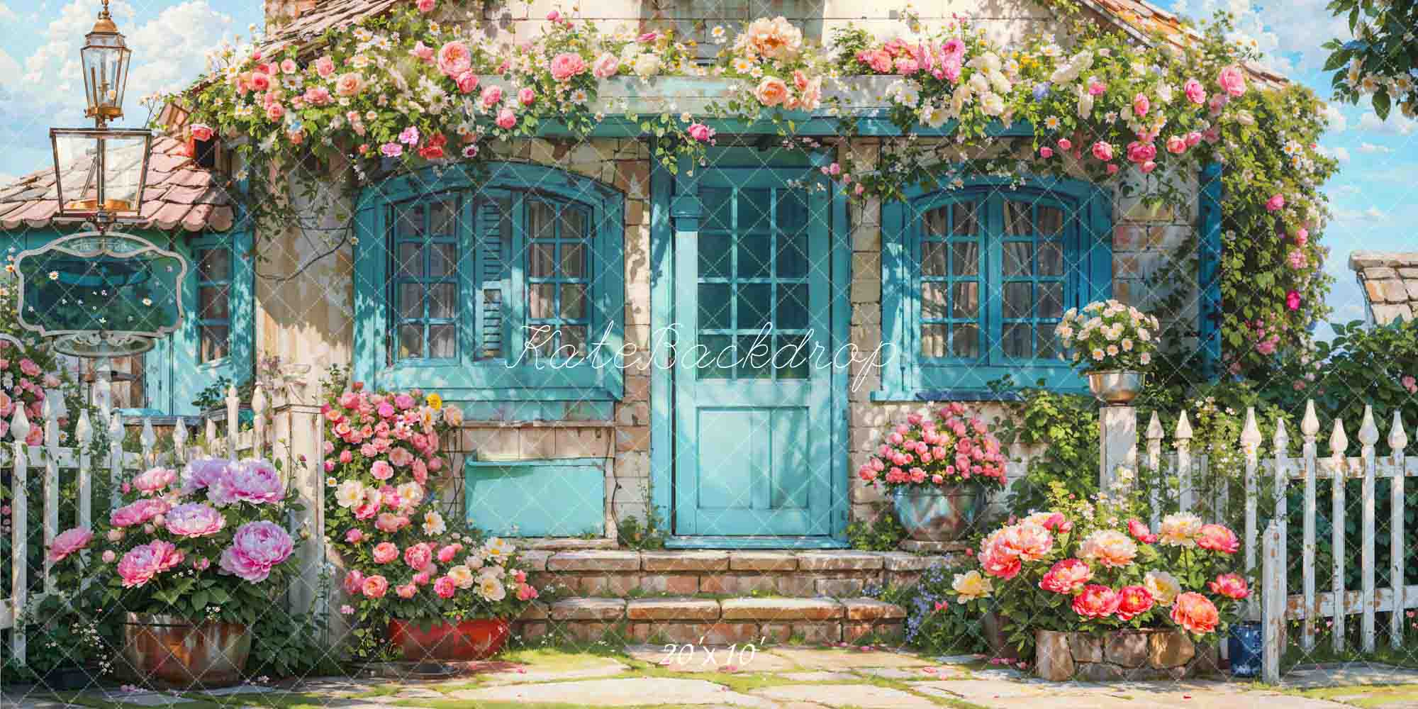 Kate Printemps Fleurs Clôture Maison Bleu Toile de fond conçue par Emetselch - Kate Backdrop FR