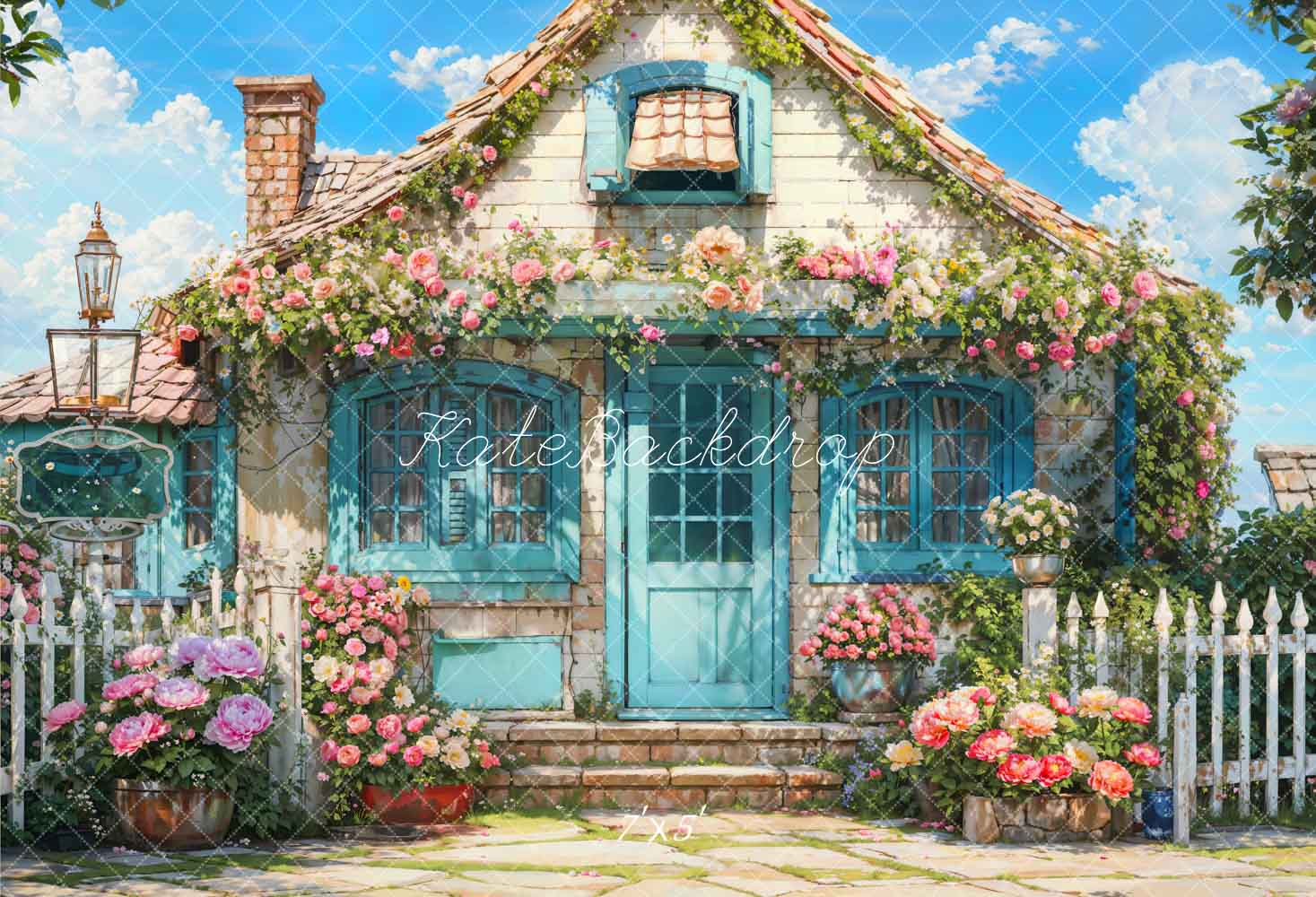 Kate Printemps Fleurs Clôture Maison Bleu Toile de fond conçue par Emetselch - Kate Backdrop FR