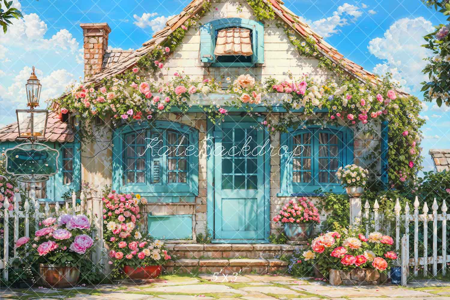Kate Printemps Fleurs Clôture Maison Bleu Toile de fond conçue par Emetselch - Kate Backdrop FR