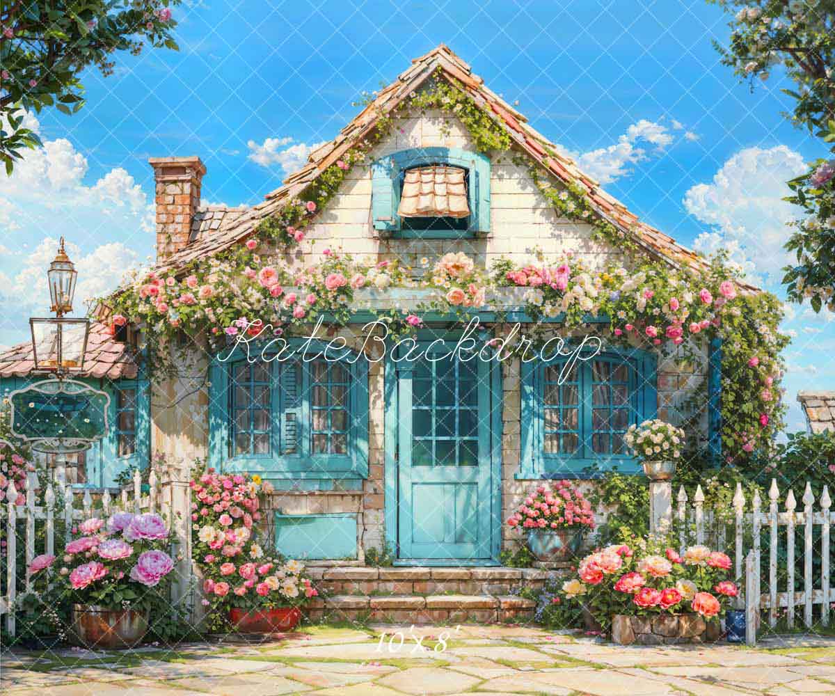 Kate Printemps Fleurs Clôture Maison Bleu Toile de fond conçue par Emetselch - Kate Backdrop FR