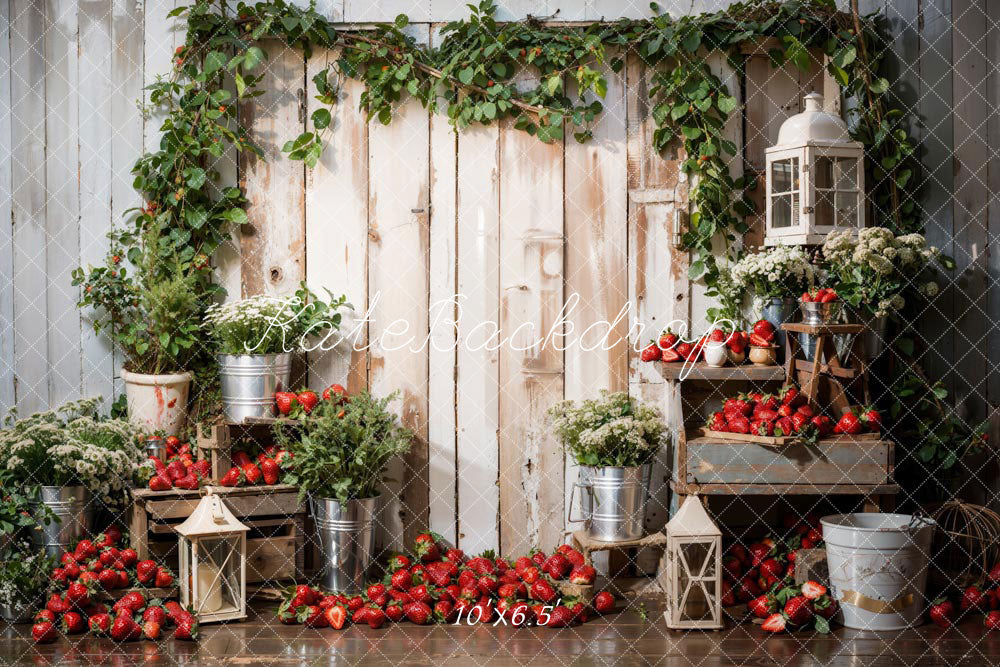 Kate Printemps Plante Vert Fraises Planche de bois Toile de fond conçue par Emetselch - Kate Backdrop FR