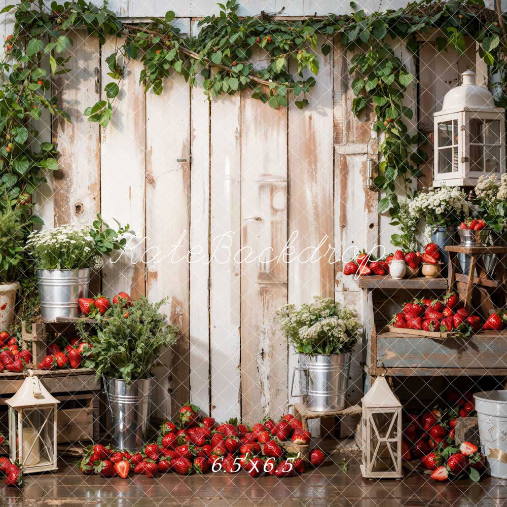 Kate Printemps Plante Vert Fraises Planche de bois Toile de fond conçue par Emetselch - Kate Backdrop FR