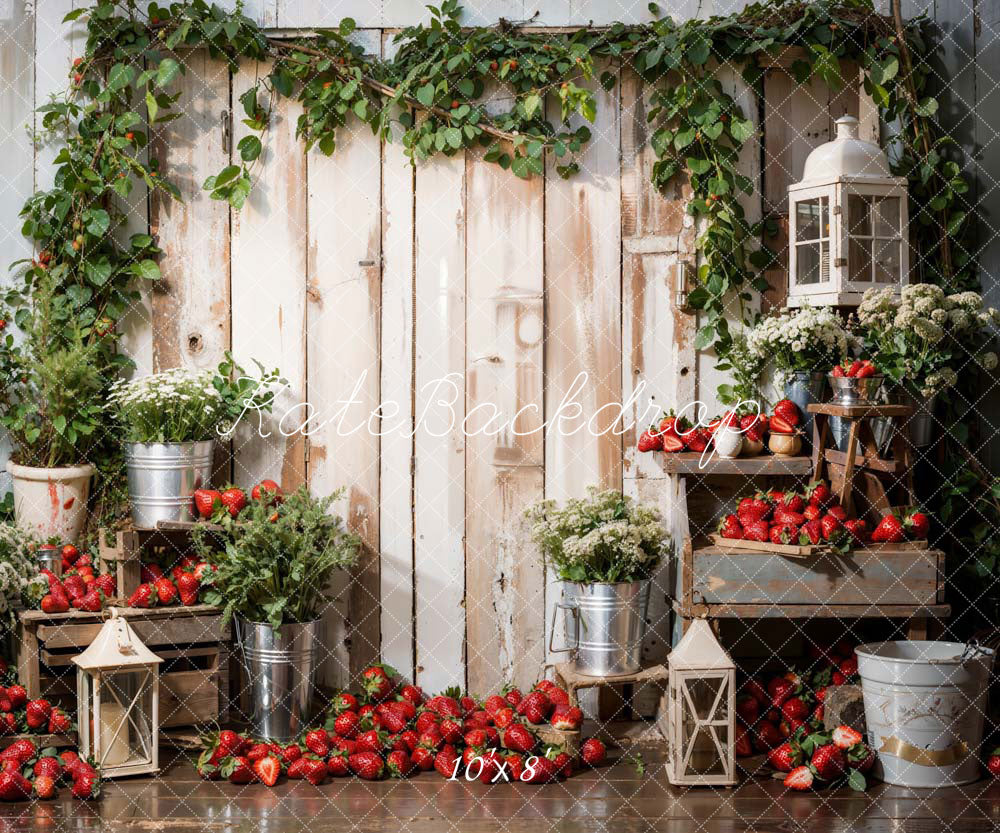 Kate Printemps Plante Vert Fraises Planche de bois Toile de fond conçue par Emetselch - Kate Backdrop FR