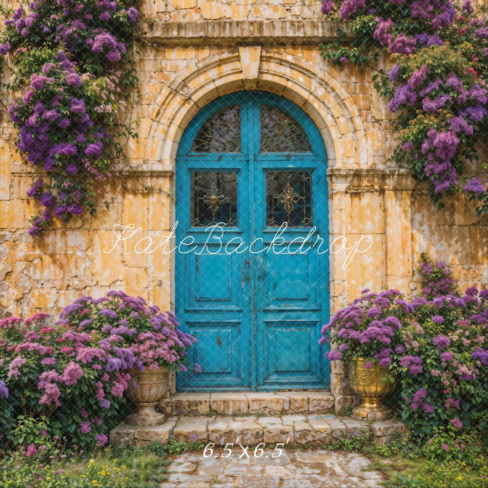 Kate Printemps Fleurs violettes Bleu Porte en bois Toile de fond pour la photographie - Kate Backdrop FR