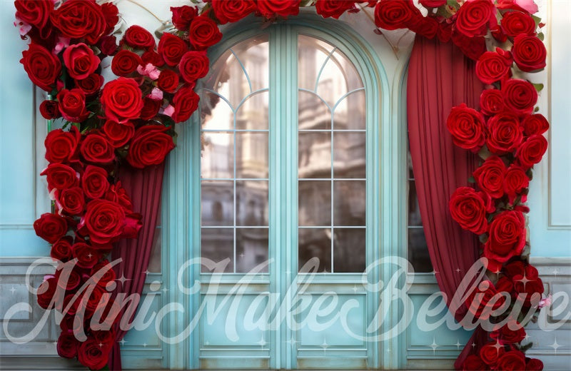 Kate Roses Rouge Porte Mur Bleu Extérieur Toile de fond conçue par Mini MakeBelieve - Kate Backdrop FR