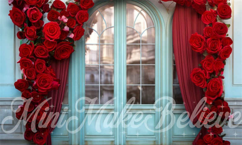 Kate Roses Rouge Porte Mur Bleu Extérieur Toile de fond conçue par Mini MakeBelieve - Kate Backdrop FR