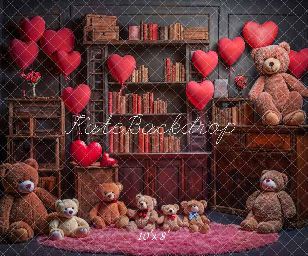 Kate Saint Valentin Ours en peluche Ballon Maison du livre Toile de fond conçue par Emetselch - Kate Backdrop FR