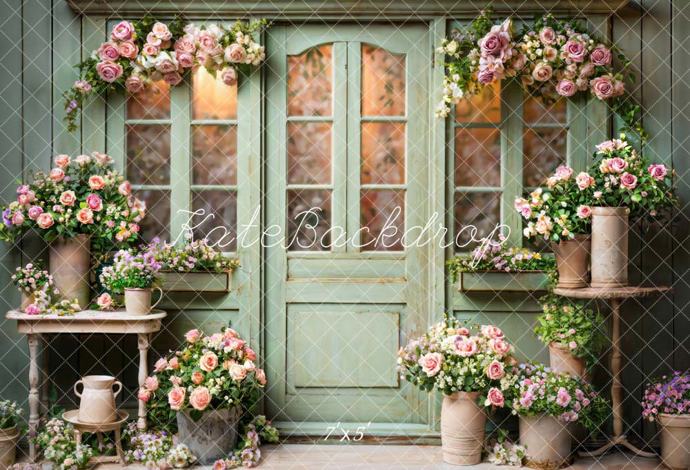 Kate Printemps Fleurs Vert Porte en bois Toile de fond conçue par Emetselch