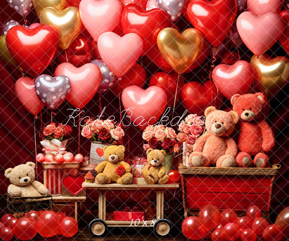 Kate Saint Valentin Ours en peluche Ballons Fleurs Toile de fond conçue par Emetselch - Kate Backdrop FR