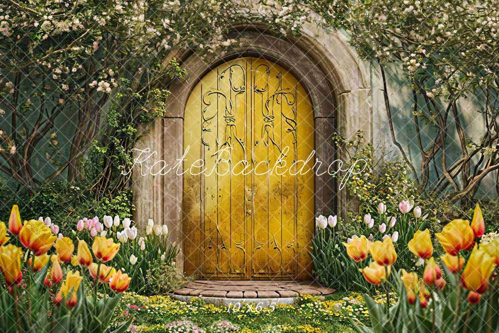 Kate Printemps Fleurs Porte en bois Jaune Toile de fond conçue par Chain Photographie - Kate Backdrop FR