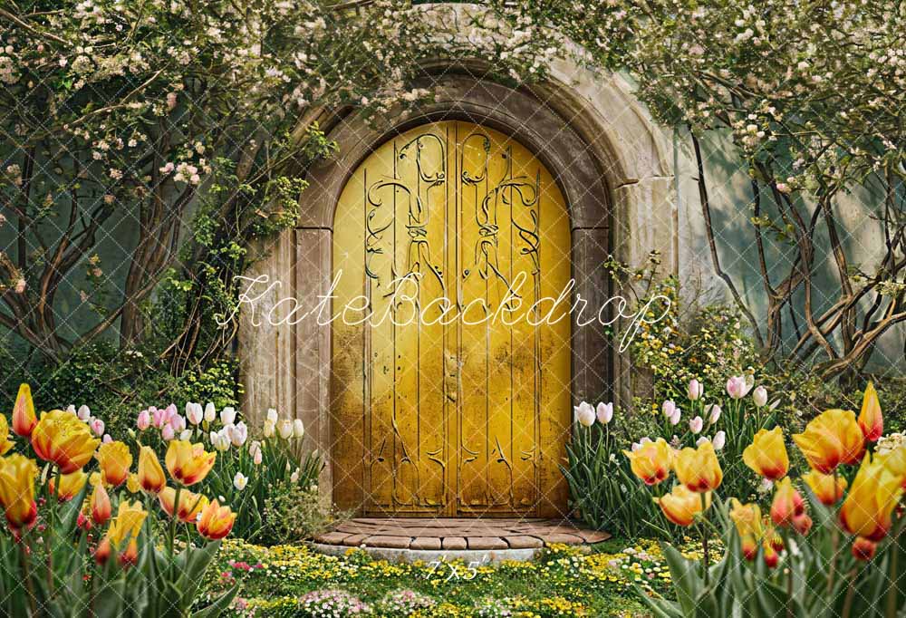 Kate Printemps Fleurs Porte en bois Jaune Toile de fond conçue par Chain Photographie - Kate Backdrop FR