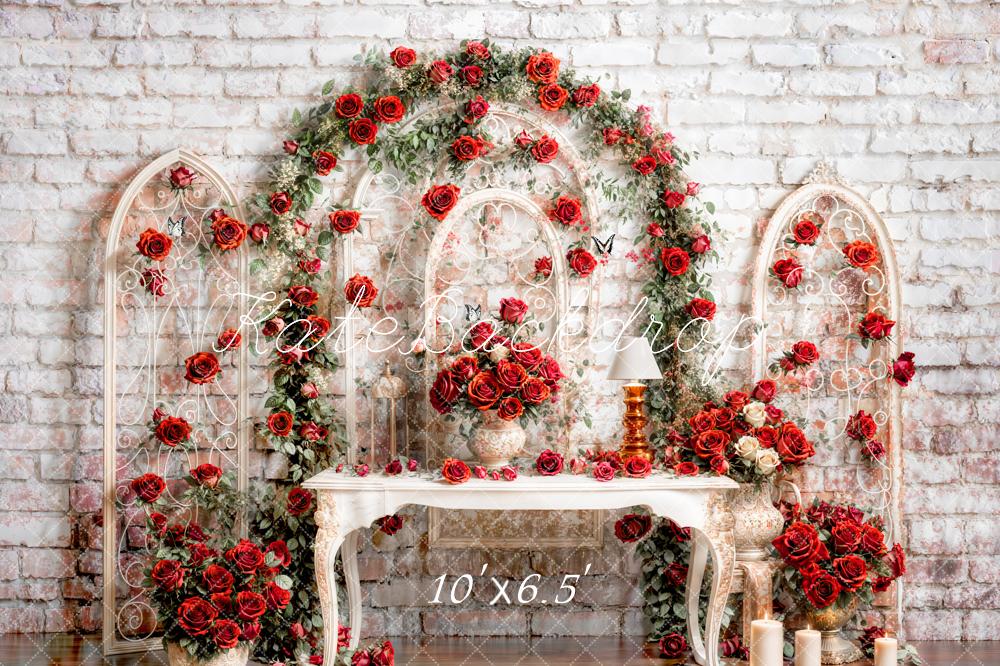 Kate Saint-Valentin Roses Vintage Mur de briques Toile de fond conçue par Emetselch - Kate Backdrop FR