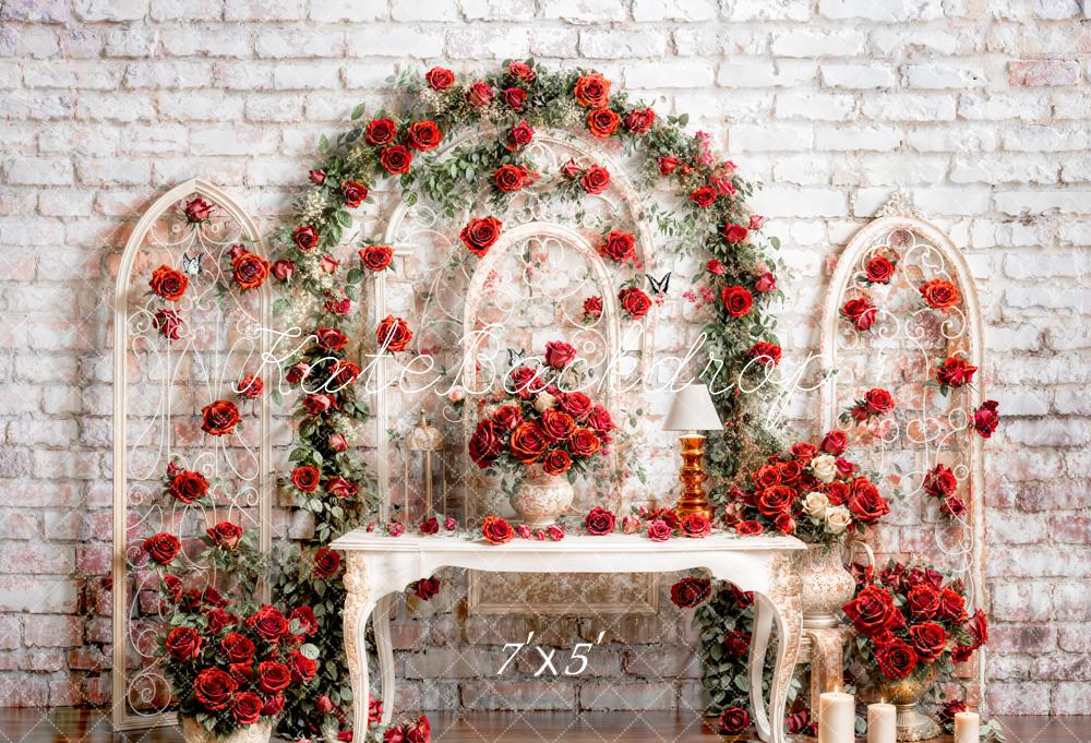 Kate Saint-Valentin Roses Vintage Mur de briques Toile de fond conçue par Emetselch - Kate Backdrop FR