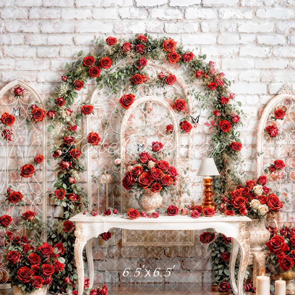 Kate Saint-Valentin Roses Vintage Mur de briques Toile de fond conçue par Emetselch - Kate Backdrop FR