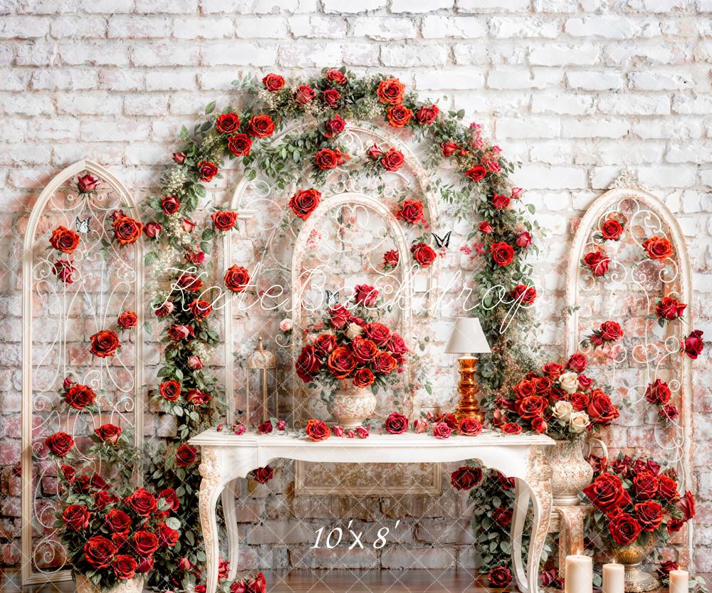 Kate Saint-Valentin Roses Vintage Mur de briques Toile de fond conçue par Emetselch - Kate Backdrop FR
