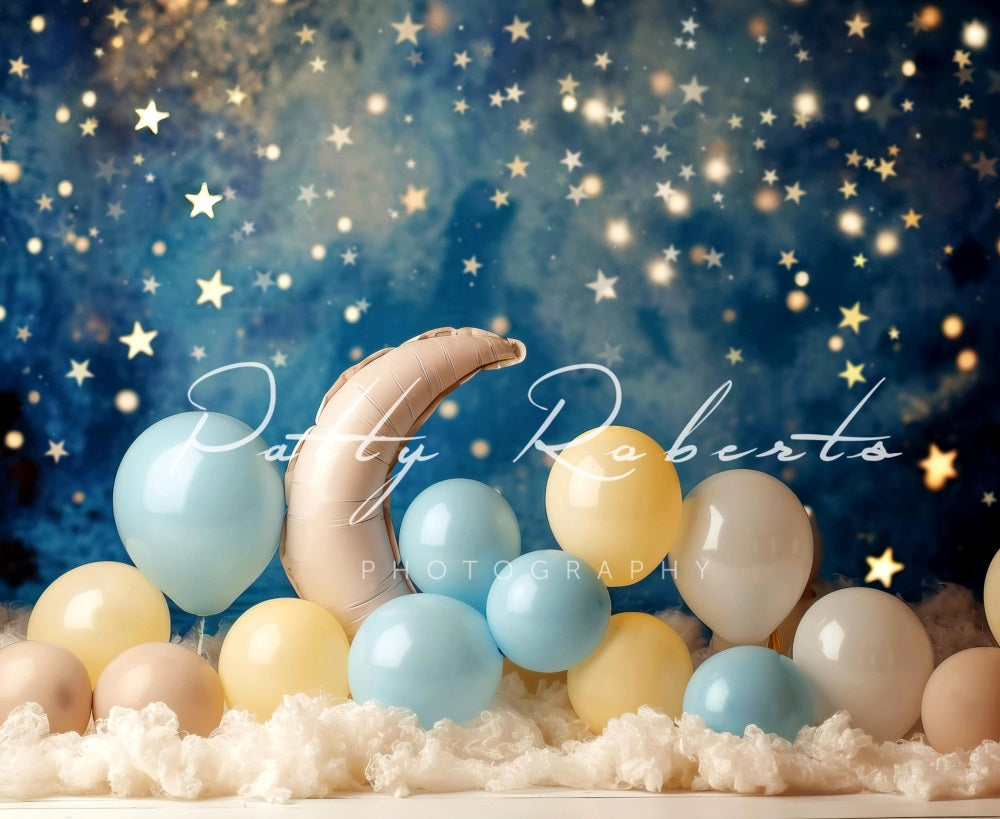 Kate Lune Étoiles Ballons Ciel bleu Enfant Toile de fond conçue par Patty Robert - Kate Backdrop FR