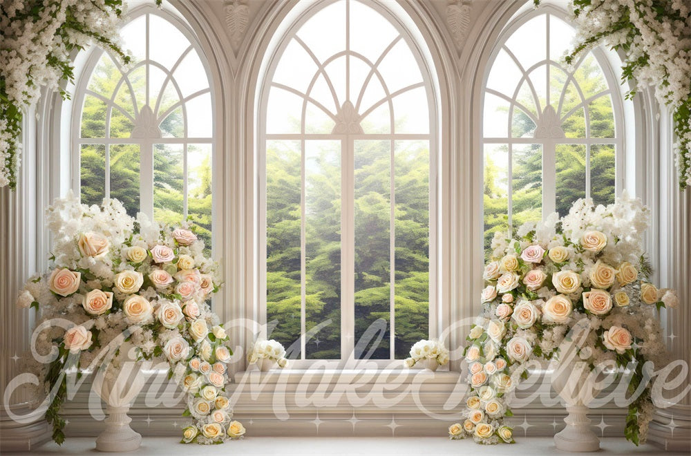 Kate Fleurs Cathédrale Blanc Fenêtres Printemps Toile de fond conçue par Mini MakeBelieve - Kate Backdrop FR