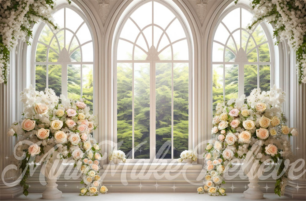 Kate Fleurs Cathédrale Blanc Fenêtres Printemps Toile de fond conçue par Mini MakeBelieve - Kate Backdrop FR