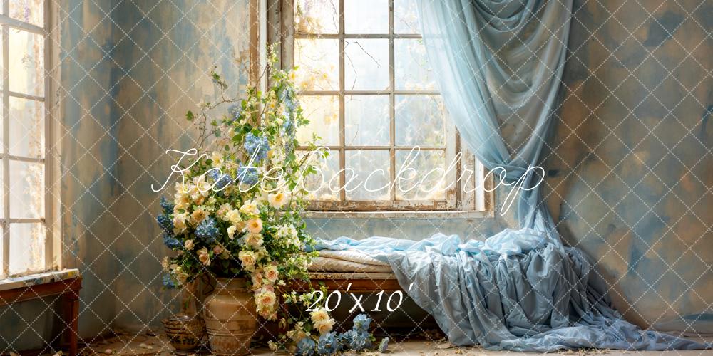 Kate Printemps Bleu Rideaux Fleurs Fenêtres Toile de fond conçue par Emetselch - Kate Backdrop FR