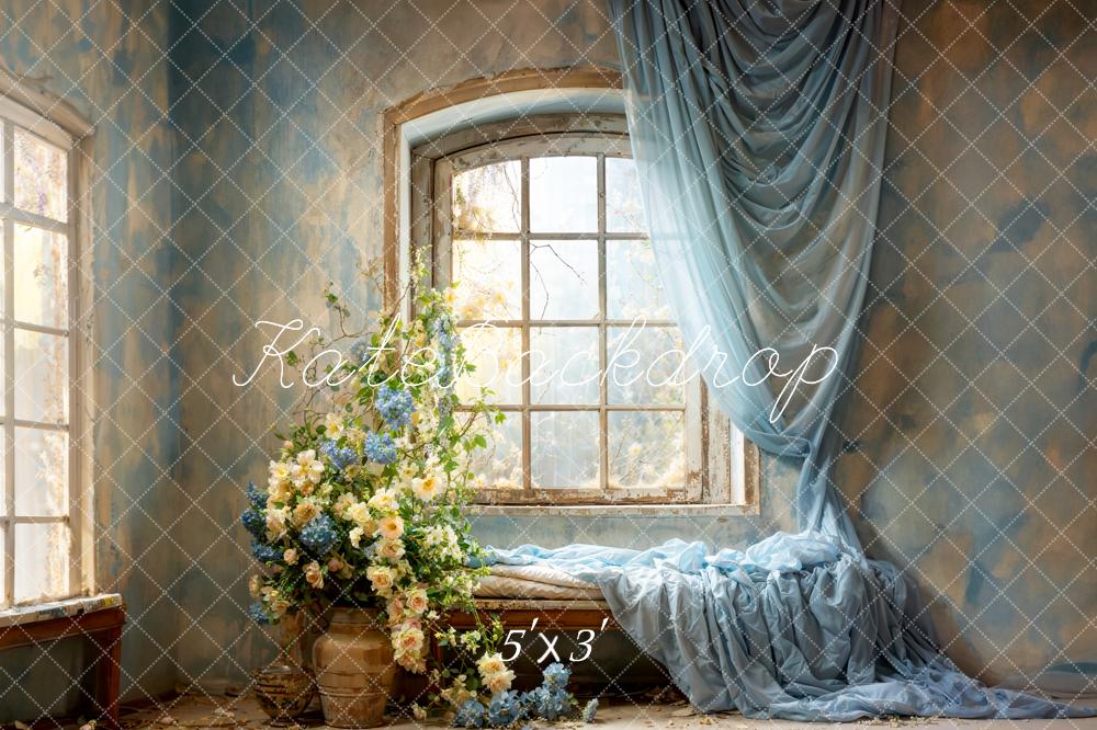 Kate Printemps Bleu Rideaux Fleurs Fenêtres Toile de fond conçue par Emetselch - Kate Backdrop FR