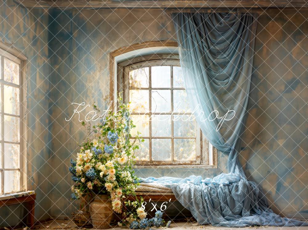 Kate Printemps Bleu Rideaux Fleurs Fenêtres Toile de fond conçue par Emetselch - Kate Backdrop FR