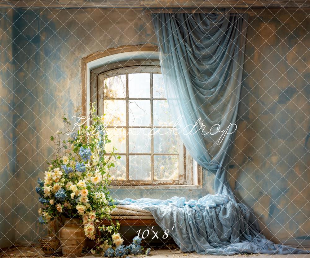 Kate Printemps Bleu Rideaux Fleurs Fenêtres Toile de fond conçue par Emetselch - Kate Backdrop FR