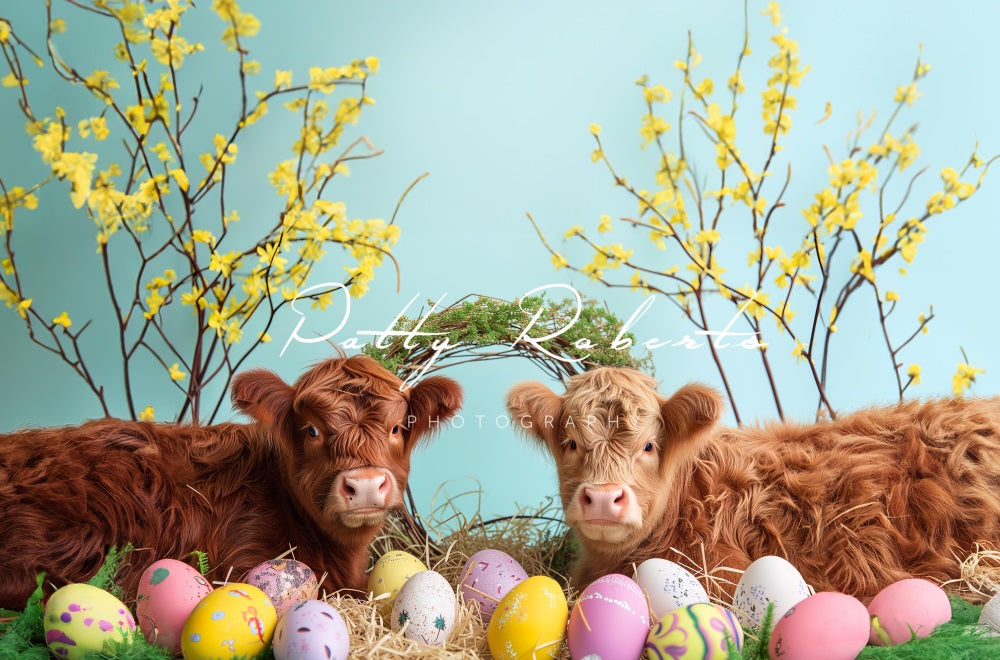 Kate Brillant Bovins Highland Pâques Toile de fond conçue par Patty Robert - Kate Backdrop FR