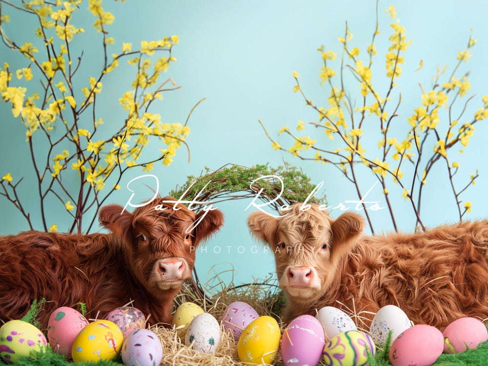 Kate Brillant Bovins Highland Pâques Toile de fond conçue par Patty Robert - Kate Backdrop FR