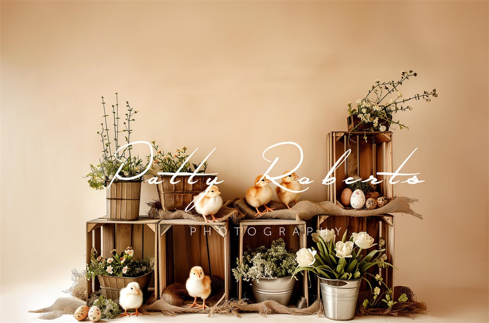 Kate Pâques Poussins Beige Plantes Toile de fond conçue par Patty Robert - Kate Backdrop FR