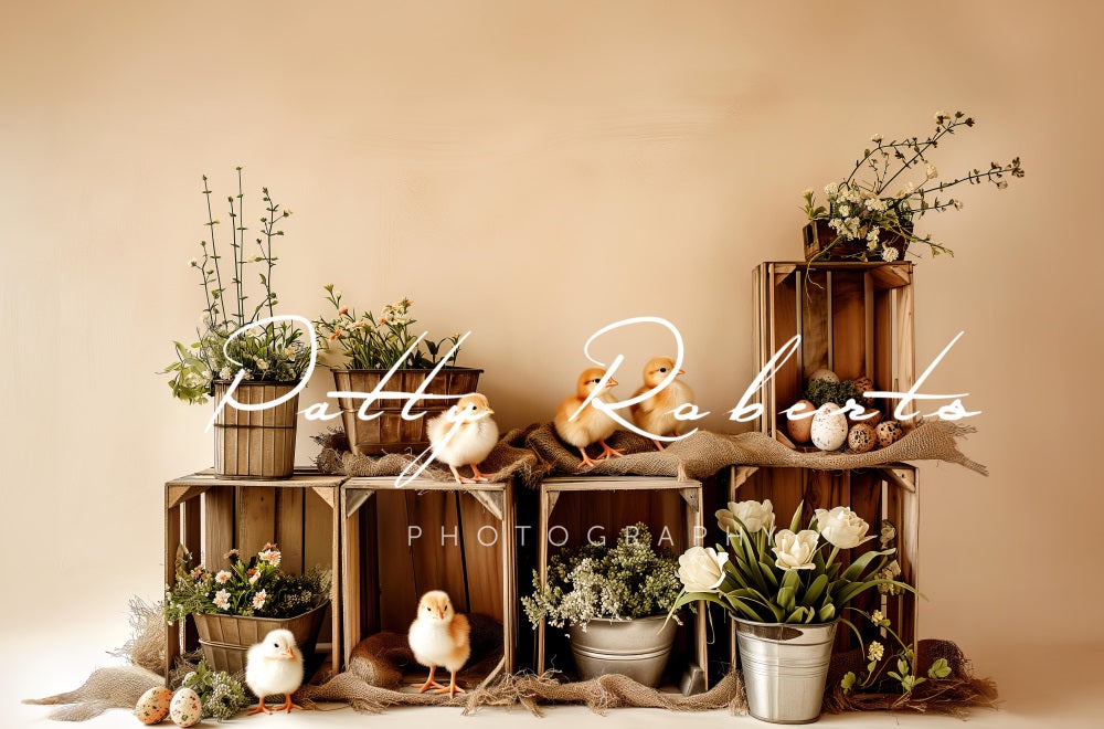 Kate Pâques Poussins Beige Plantes Toile de fond conçue par Patty Robert - Kate Backdrop FR