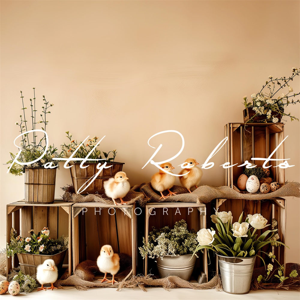 Kate Pâques Poussins Beige Plantes Toile de fond conçue par Patty Robert - Kate Backdrop FR