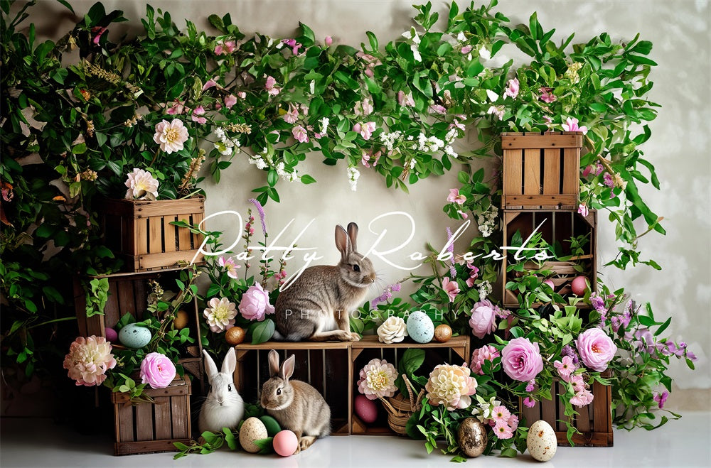 Kate Plantes vertes Fleurs Pâques Lapins Toile de fond conçue par Patty Robert - Kate Backdrop FR