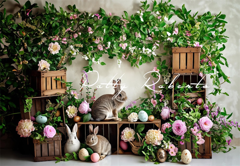 Kate Plantes vertes Fleurs Pâques Lapins Toile de fond conçue par Patty Robert - Kate Backdrop FR