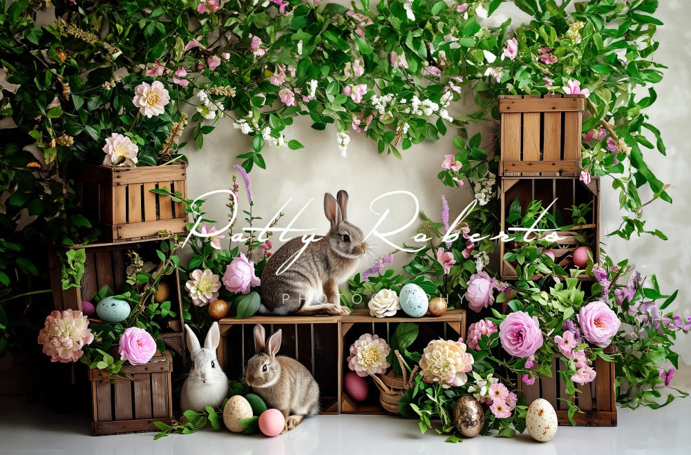 Kate Plantes vertes Fleurs Pâques Lapins Toile de fond conçue par Patty Robert - Kate Backdrop FR
