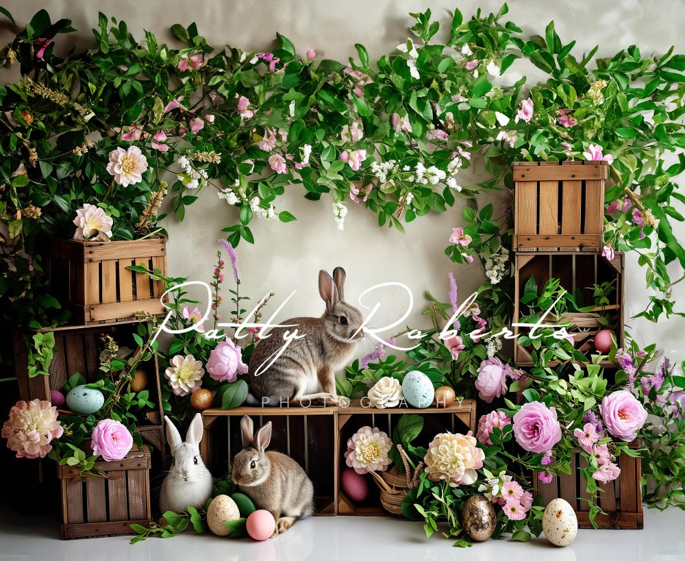 Kate Plantes vertes Fleurs Pâques Lapins Toile de fond conçue par Patty Robert - Kate Backdrop FR