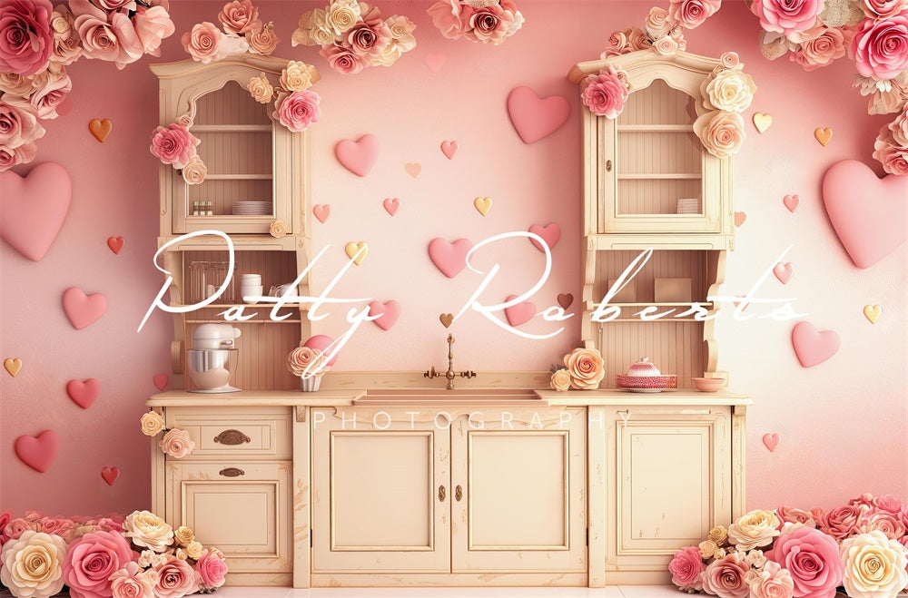 Kate Saint-Valentin Cœur Cuisine Rose Toile de fond conçue par Patty Robert - Kate Backdrop FR