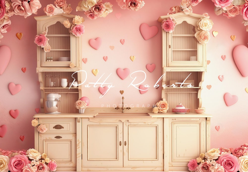 Kate Saint-Valentin Cœur Cuisine Rose Toile de fond conçue par Patty Robert - Kate Backdrop FR