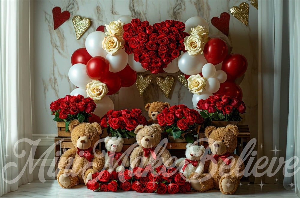 Kate Saint-Valentin Ours en peluche Roses rouges Toile de fond conçue par Mini MakeBelieve - Kate Backdrop FR